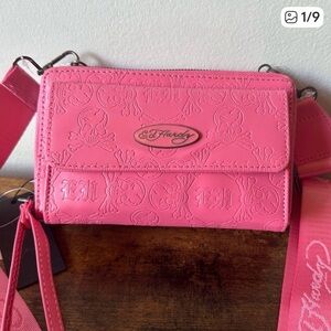 Ed Hardy Vibrant Pink Skull Embossed Crossbody Bag Wallet with Wristlet NWT